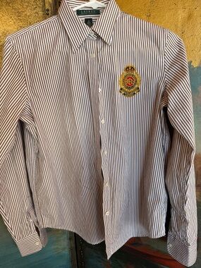 Ralph Lauren Brown & White Striped Button-Down Shirt with Crest